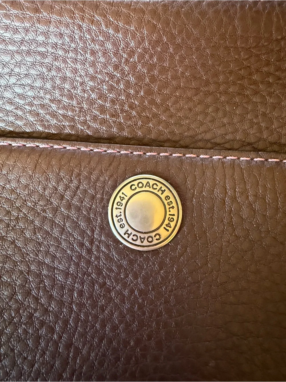 Coach Brown Leather Shoulder Bag with Tan Strap and Pink Topstitching